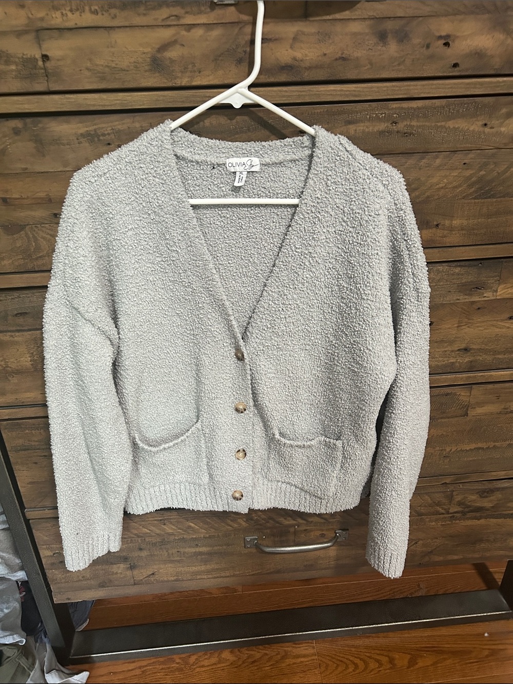 Olivia Sky Light blue/ gray Plush Button-Front Cardigan. Cozy. Fluffy. Teddy.